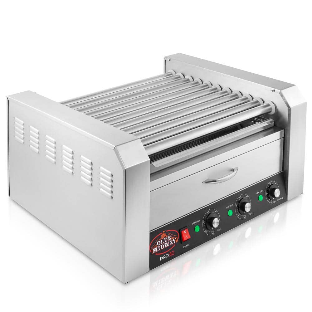30-Hot Dog Stainless Steel Electric Hot Dog 5 -Roller Indoor Grill Cooker Machine with Bun Warming Drawer 1600-Watt
