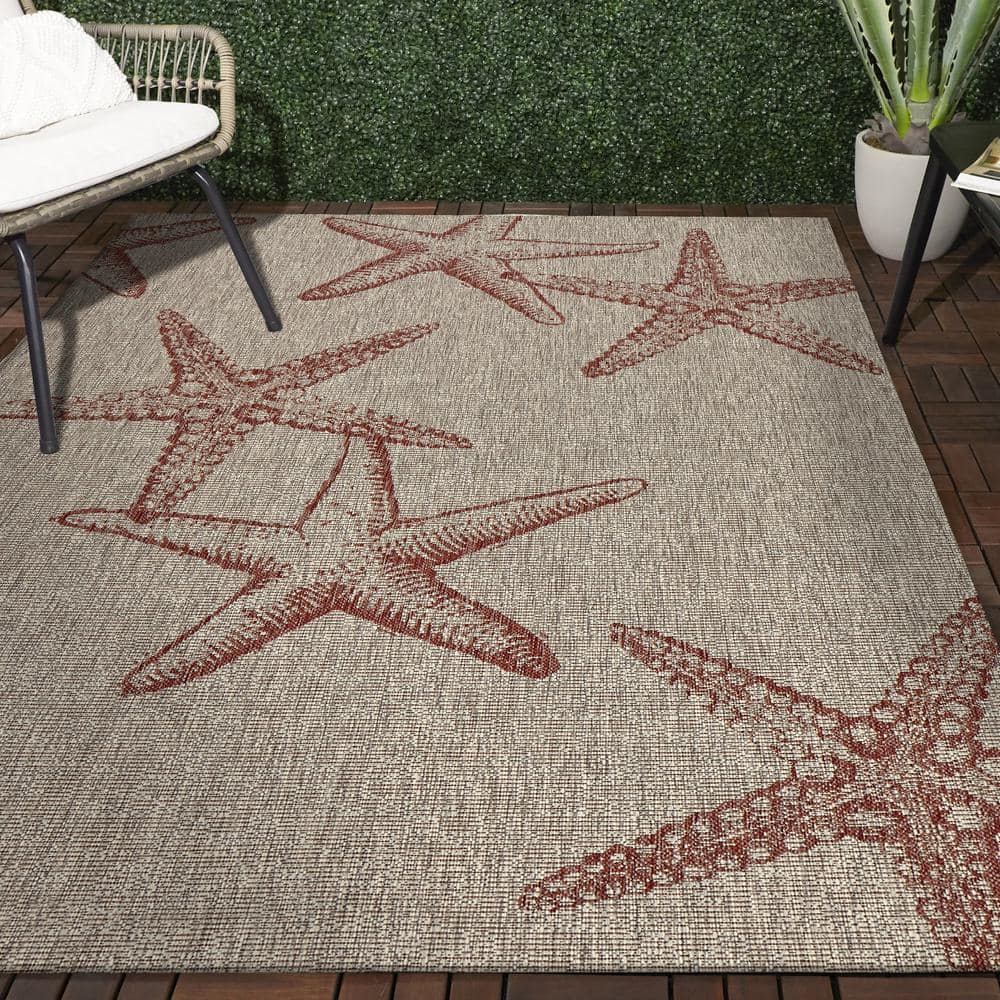Coastal Charm Coral & Beige Synthetic Indoor/Outdoor Area Rug, 7'9" x 9'5"