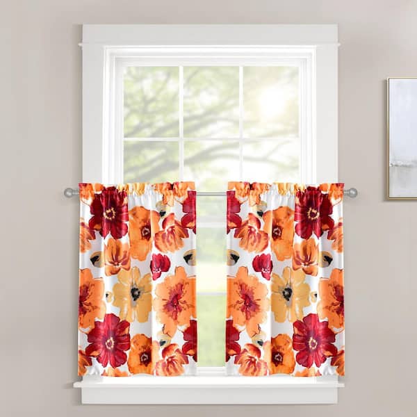 HOMEBOUTIQUE Leah 58 in. W x 36 in. L Light Filtering Kitchen Tiers Red/Orange 1.5 Set (Each 29 in. W x 36 in. L Plus 1.5))
