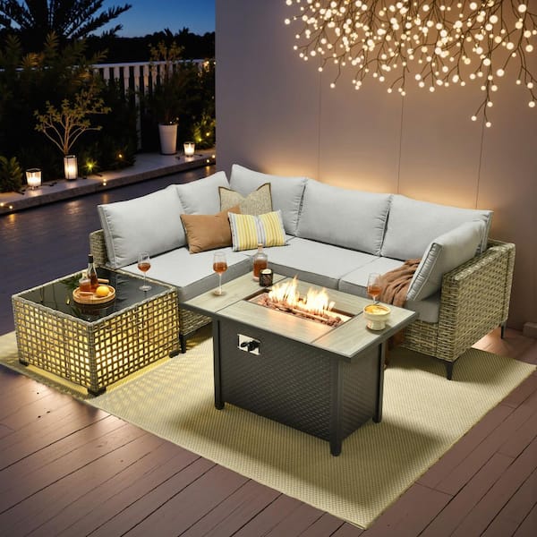 Coralia Gray 6-Piece Wicker Outdoor Sectional Set with Fire Pit, Light Gray Cushion and Lighted Coffee Table for Patio