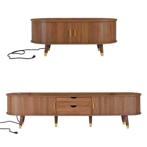 Walnut Finish TV Stand Entertainment Center Fits TVs Up to 80 in. with Charging Station Sliding Doors and Coffee Table