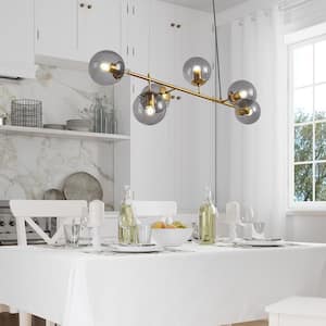 6-Light Kitchen Island Lighting Modern Sputnik Linear Chandelier Pendant Light Fixture for Dining Room in Gold and Gray
