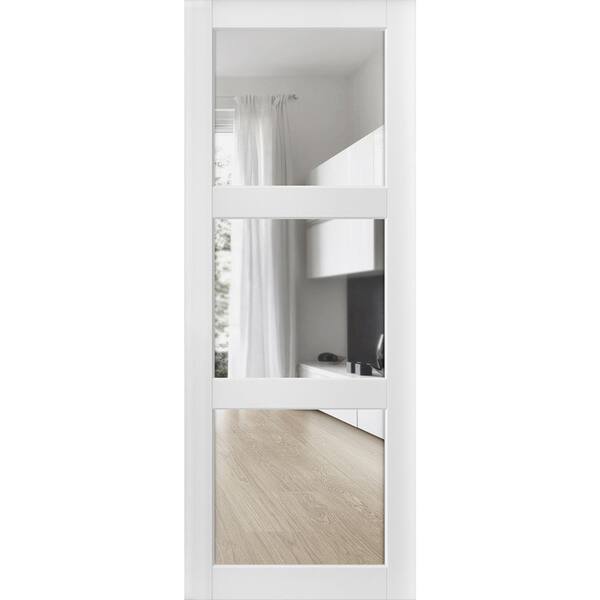 Sartodoors 2555 28 in. x 84 in. 3 Panel No Bore Solid 3 Lite Clear Glass White Finished Pine Wood Interior Door Slab