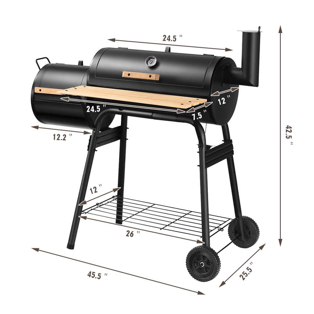 Black Steel Offset Charcoal Grill with Smoker and Wooden Shelf