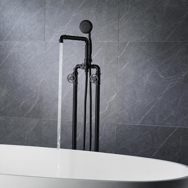 Nestfair 3-Handle Floor-Mount Roman Tub Faucet with Hand Shower in Black