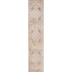 Astra Machine Washable Beige 2 ft. x 10 ft. Center medallion Traditional Runner Area Rug