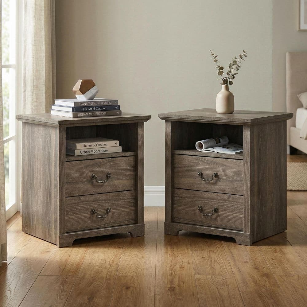 Dena Dark Gray 2-Drawer 22 in. W Nightstand Set of 2