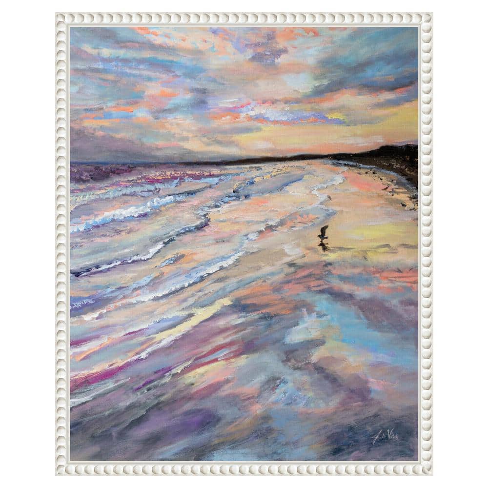 Impressionist Coastal Sunset Canvas with Beaded White Frame