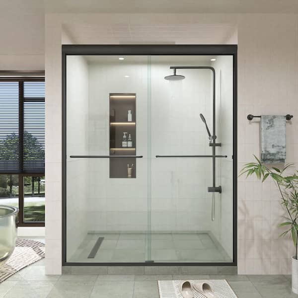 TaiMei 56-60 in. W x 70 in. H Sliding Semi-Frameless Shower Door in Matte Black Finish with Clear Glass
