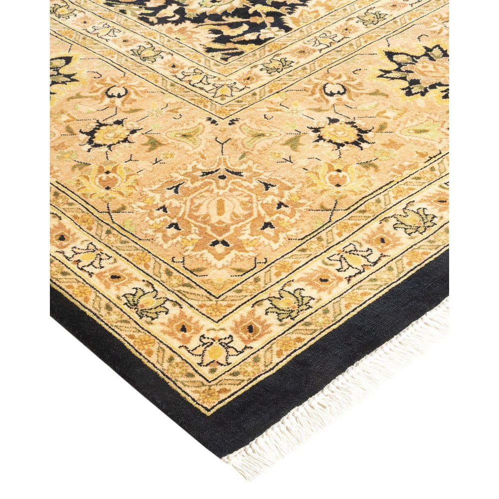 Hand-Knotted Black and Beige Wool Oriental 10' x 14' Rug