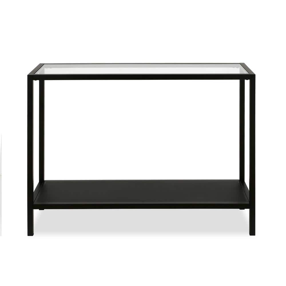 Sleek Blackened Bronze & Glass Console Table with Storage Shelf