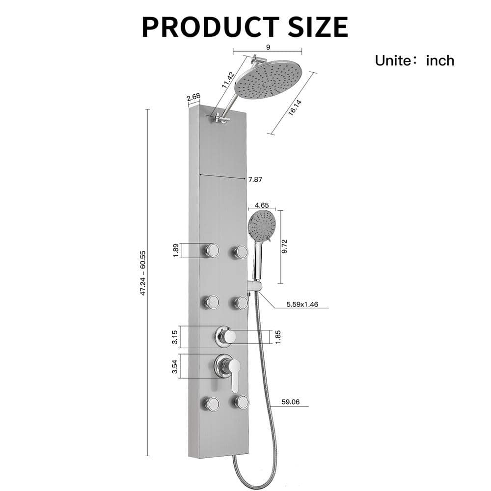 Nickel Chrome 60.55'' Shower Panel with Adjustable Shower Head