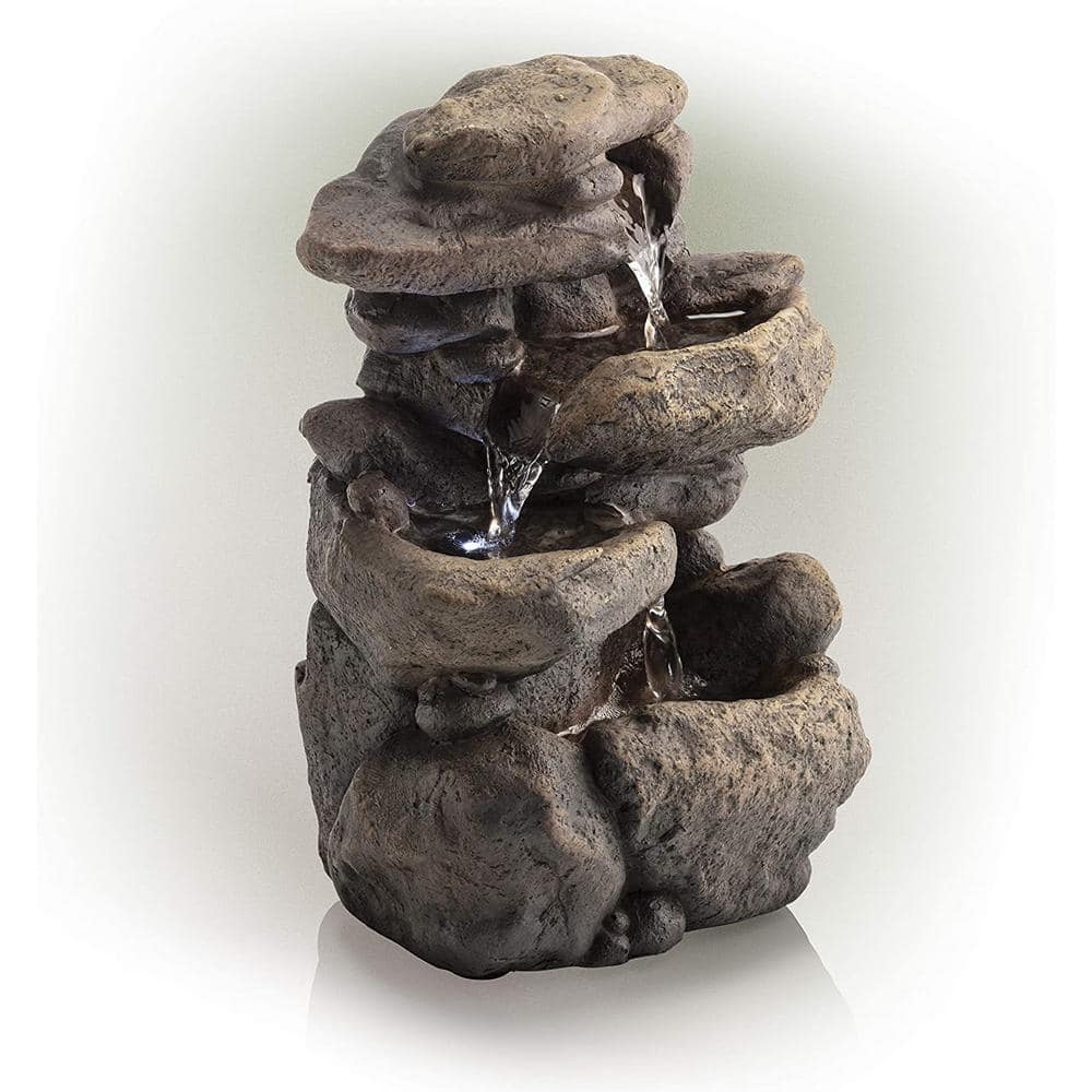 11" Gray Fiberglass 3-Tier Rock Tabletop Fountain with LED Light