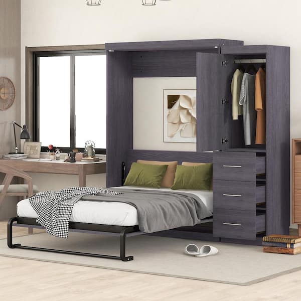 Twin Size Murphy Bed - Left & Right Cabinet, Slab Style, Brushed
