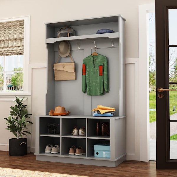 31.49'' Wide Hall Tree with 3 Storage Cubbies, 7 Hooks 17 Stories Color: Gray