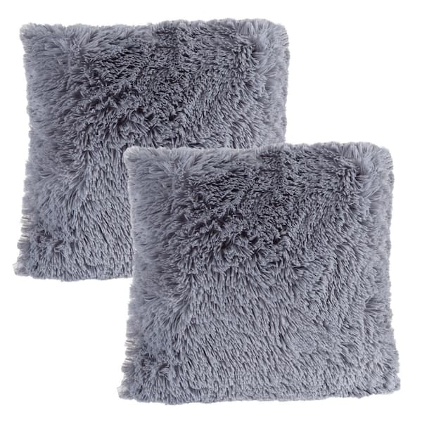 Gray 18 in. W x 18 in. L Faux Fur Square Shag Pillow (Set of 2)