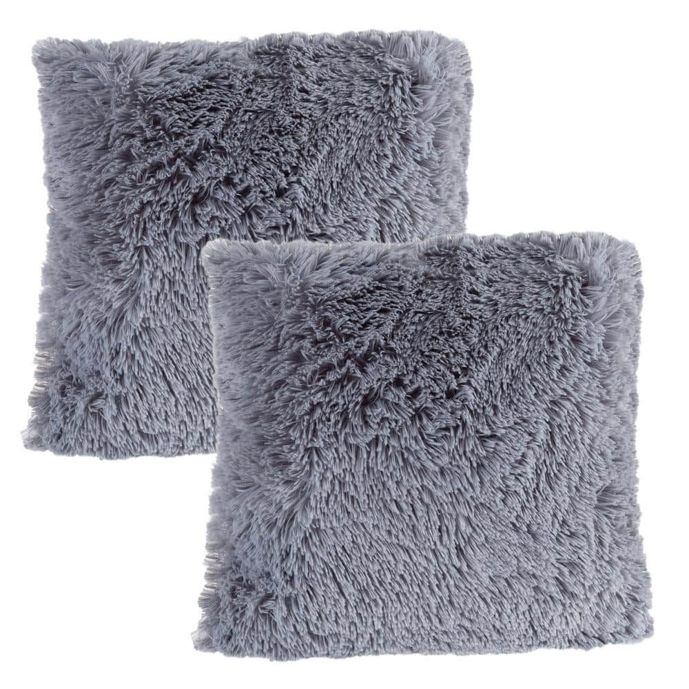 Gray 18 in. W x 18 in. L Faux Fur Square Shag Pillow (Set of 2)