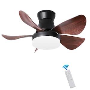 28 in. Integrated LED, 5 Blades Indoor 6 Gear Speed Matt Black and Brown Ceiling Fan with Dimmable Light, Remote Control