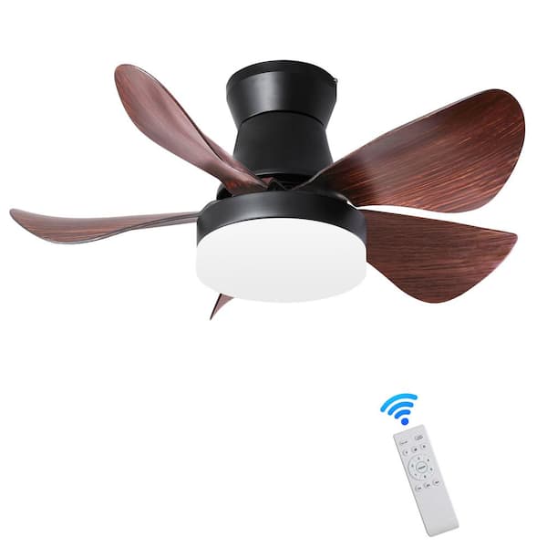 Jushua 28 in. Integrated LED, 5 Blades Indoor 6 Gear Speed Matt Black and Brown Ceiling Fan with Dimmable Light, Remote Control