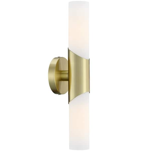 TRUE FINE 16.4 in. 2-Light Brass Modern/Contemporary ADA Bathroom Vanity Light Bar with White Opal Glass