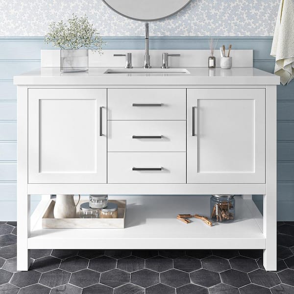 ARIEL Bayhill 49 in. W x 22 in. D x 36 in. H Bath Vanity in White with Pure Pure White Quartz Top