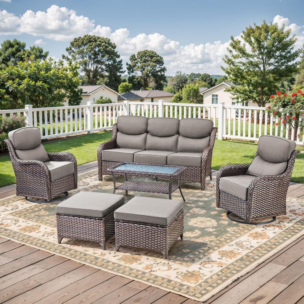MoonLuxe Brown Swivel Glider Wicker Patio Conversation Set with Gray Olefin 6 in. Thick Cushions/Couch (6-Piece) price history on PriceWatchPro