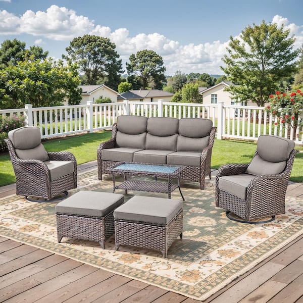 Crescent Brown Swivel Glider Wicker Patio Conversation Set with Gray Olefin 6 in. Thick Cushions/Couch (6-Piece)