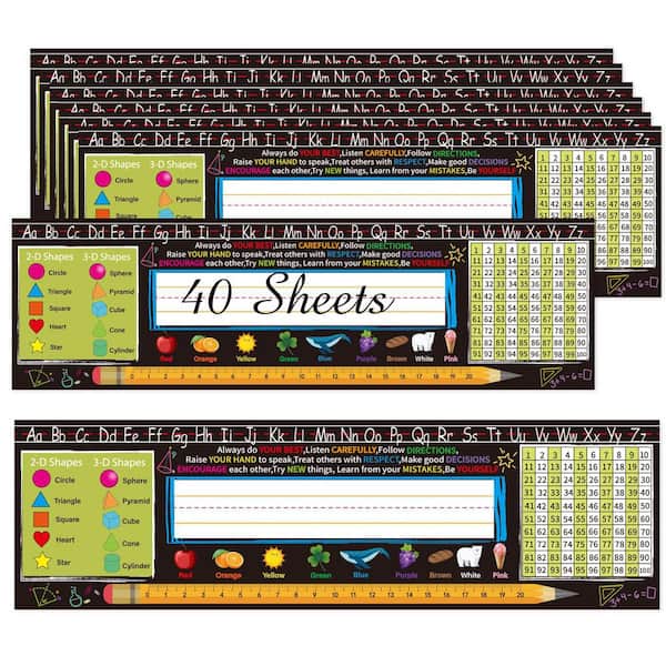 40-Pack Black Classroom Desk Nameplates Waterproof Name Tags for Students with Multiplication Fractions Table