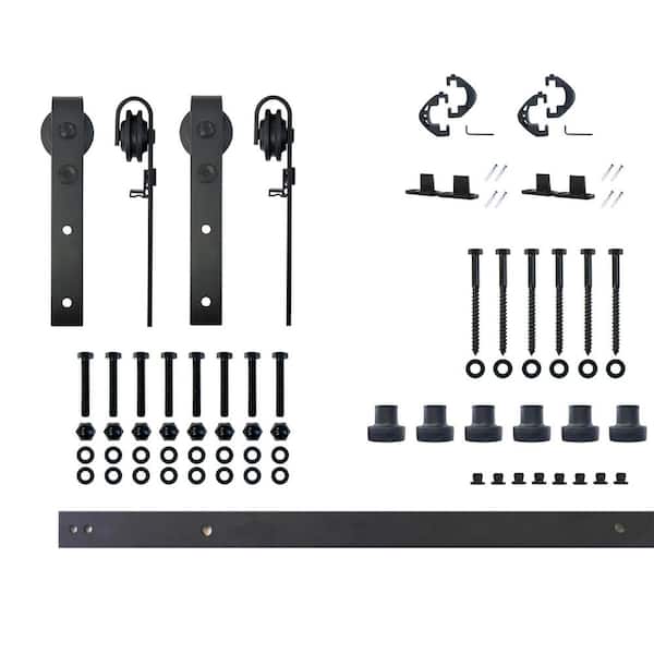 8 ft./96 in. Black Rustic Non-Bypass Sliding Barn Door Track and Hardware Kit for Double Doors