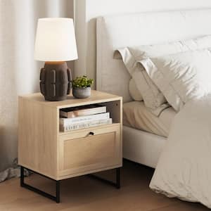 Mina Oak-Finish Particleboard Wood Black Modern Accent Storage Living Room Sofa Side End Table Bedroom Nightstand
