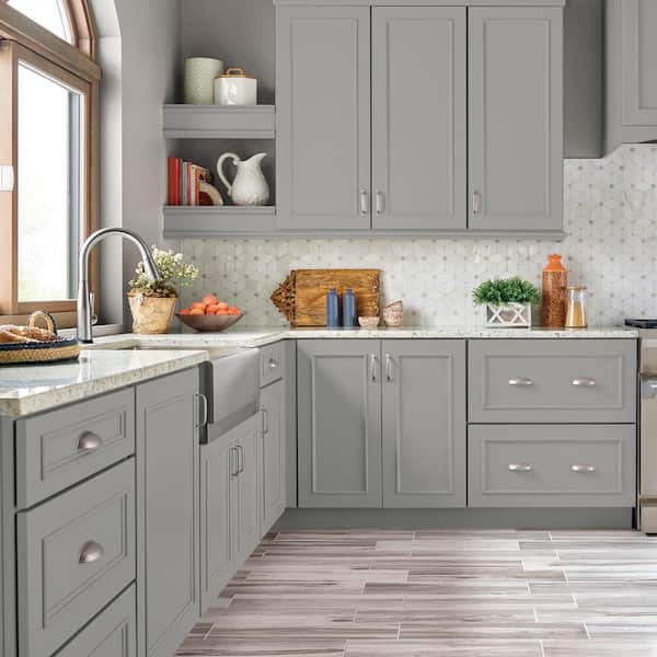 Painted Serious Gray and TrueColor Glacier Kitchen Cabinets