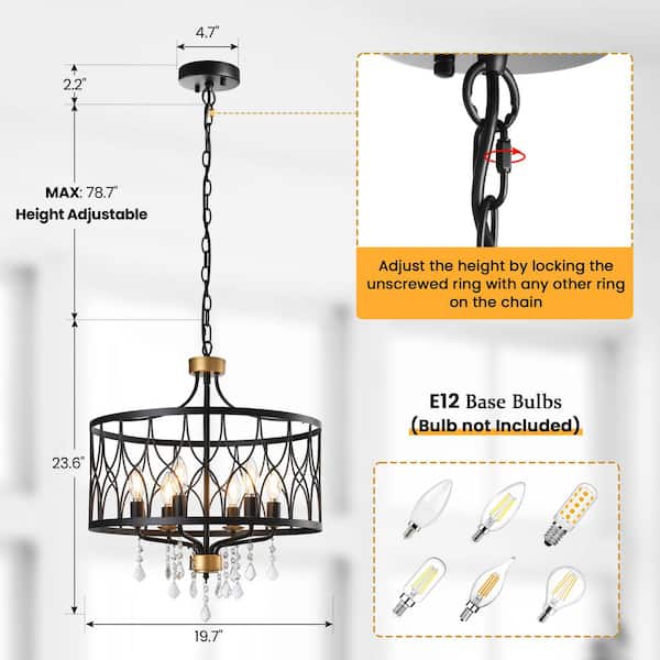 KAISITE 6-Light Black and Gold Dimmable Lantern Drum Chandelier