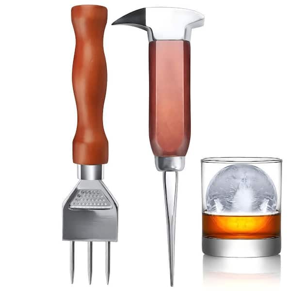 Bartender 2-Piece Silver Stainless Steel Ice Chipper Set with Wooden Handle for Whiskey and Home Bar Use