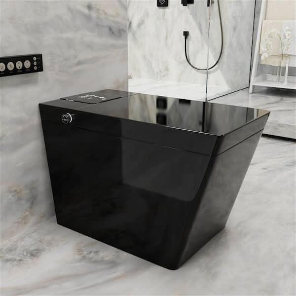MYCASS Smart Bidet One-piece 0.8/1.2 GPF Dual Flush Square Toilet in Glossy Black with Auto Open/Close Lid Foot Kick Operation