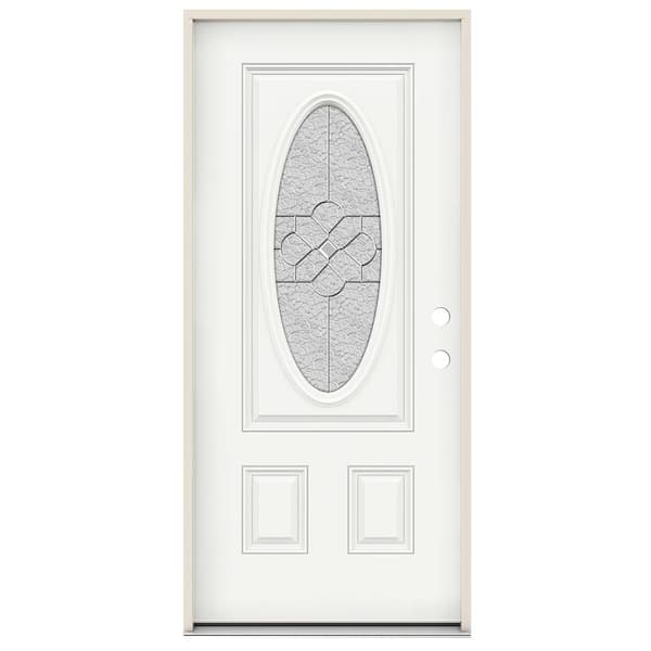 JELD-WEN 36 in. x 80 in. Left-Hand 3/4 Oval Brevard Glass Modern White Paint Fiberglass Prehung Front Door w/Rot Resistant Frame