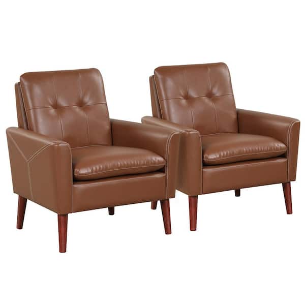 Costway Modern Accent Chair Brown PU Leather Armchair Sofa Chair with Solid Wood Legs (Set of 2)