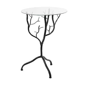 16 in. Black Branch Large Round Glass End Table with Glass Top