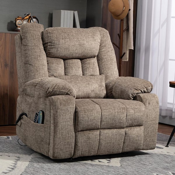 Flagship 180° Lay Flat 4 Motor 27 in. Extra Wide Taupe Chenille Power Lift Recliner Chair w/Adjustable Headrest & Lumbar
