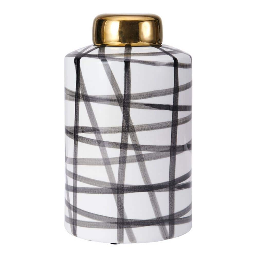 Modern Black and White Ceramic Cylinder Jar with Gold Lid