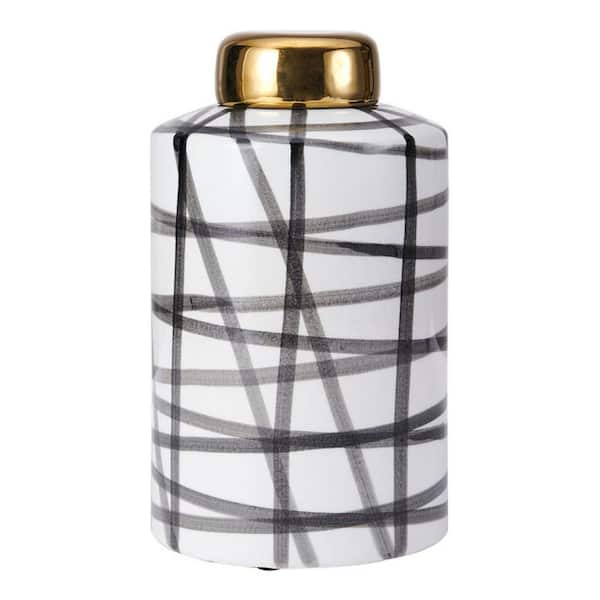 Elements 5.71x5.71x9.45 Inch Black and White Ceramic Jar with Gold Lid