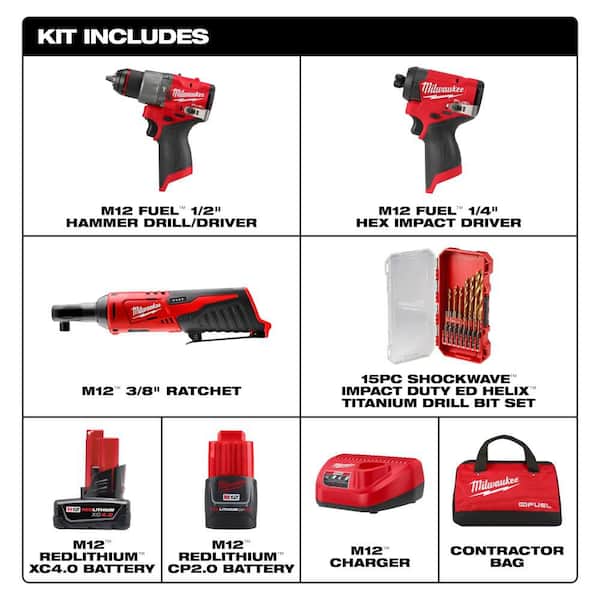 M12 FUEL 12V Cordless Hammer Drill/Impact Kit + Batteries, Bag + M12 3/8 in. Ratchet + 15-Pc Titanium Set Combo Kit