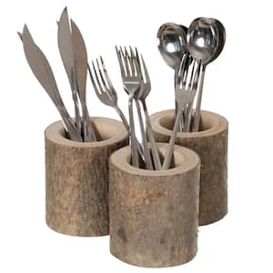 Rustic Wooden Round Handcrafted Holder Organizer for Flatware Utensil and Supplies (Set of 3)