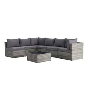 Gray 7 Piece PE Wicker Outdoor Patio Sectional Set Couch with Coffee Table and Gray Cushion for Porch, Garden, Backyard