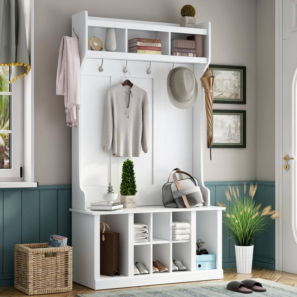 White Solid Wood Hall Tree with Storage and Hooks