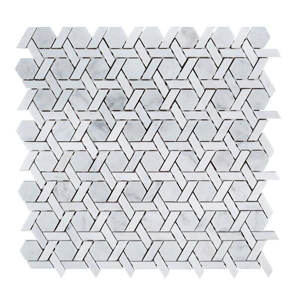 Jeffrey Court Primrose Chapel White 11.875 in. x 11.75 in. Basket Weave Textured Marble Wall & Floor Mosaic Tile (9.588 sq. ft./Case)