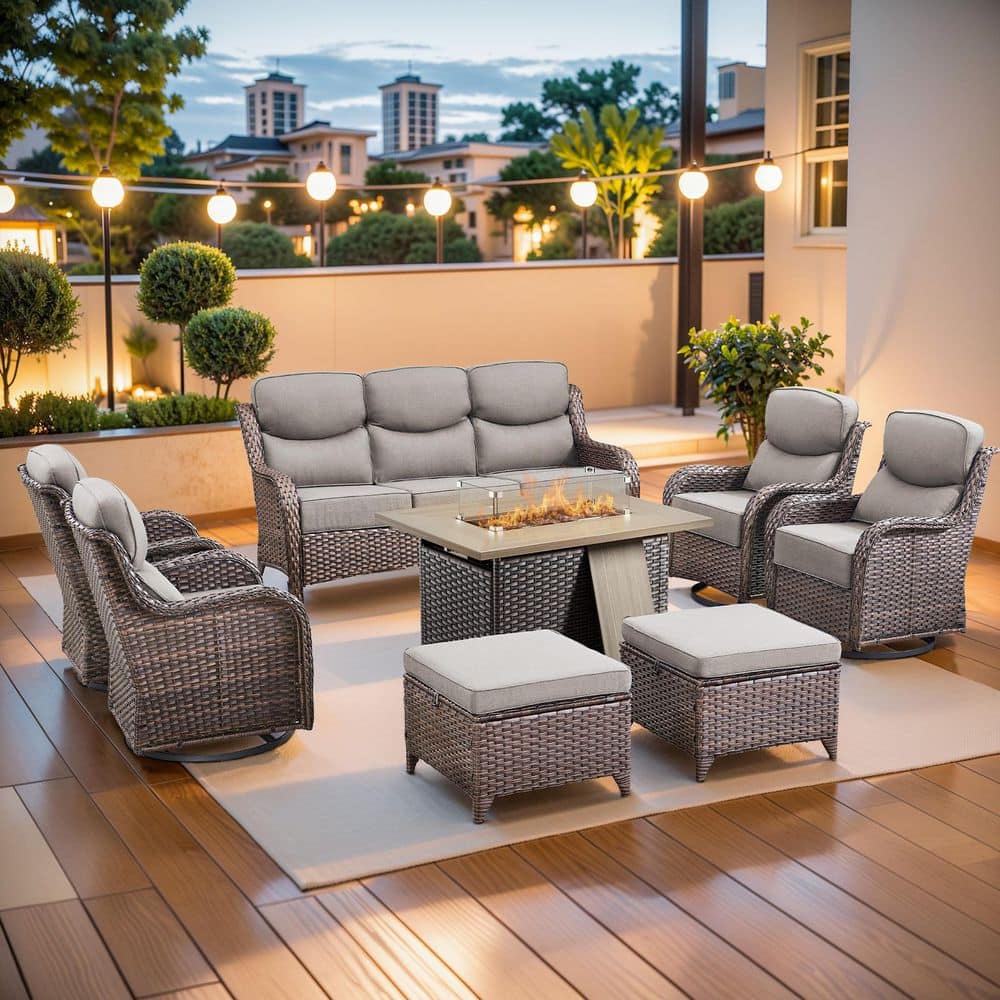 moosprr MoonLuxe Brown Wicker Fire Pit Conversation Set with Gray