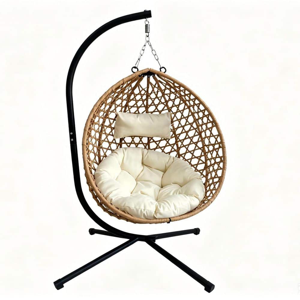 Outdoor 1-Person Yellow Wicker Folding PE Rattan Hanging Egg Patio Swing Chair with Stand and Beige Cushion