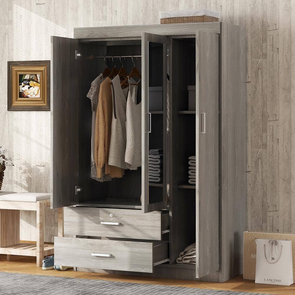 Nestfair Gray Wood 41.3 in. Armoires Wardrobe with Shelves