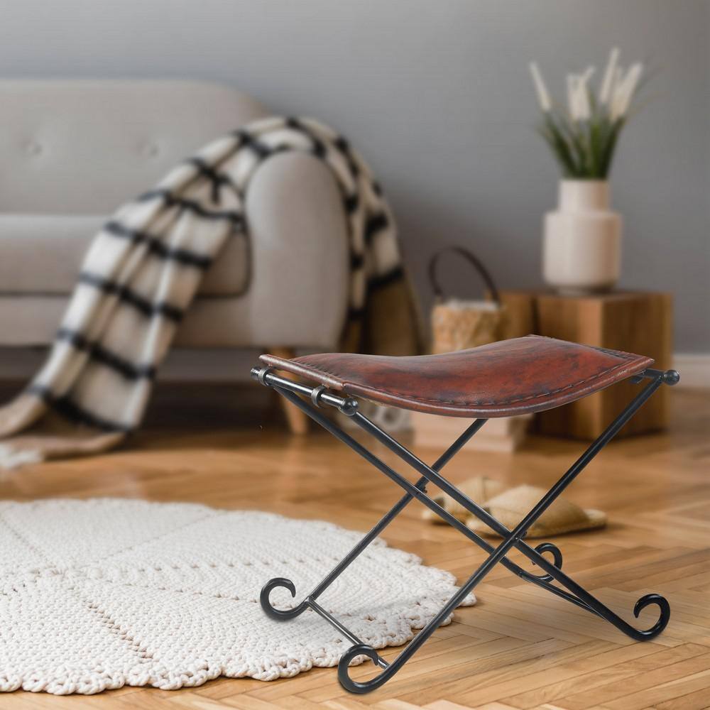 Warm Brown Leather & Black Iron Foldable Accent Stool