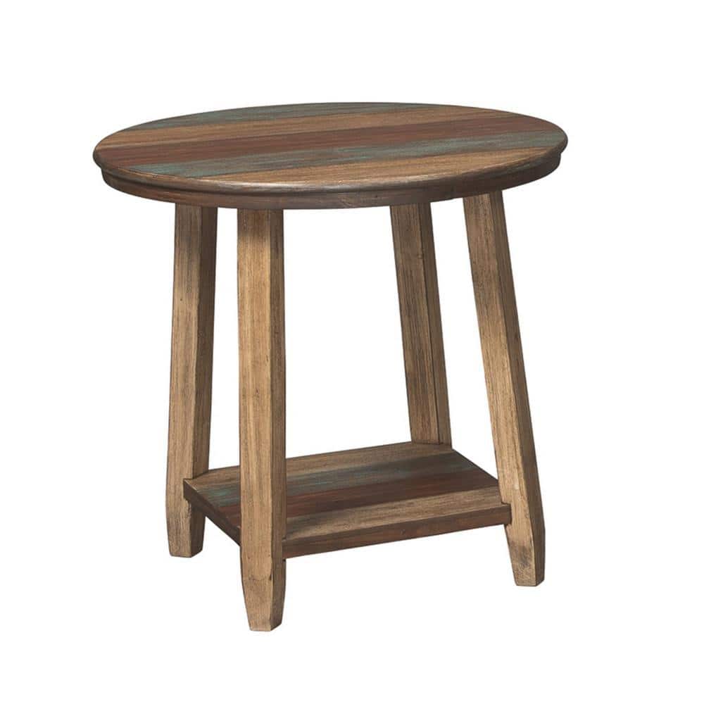 Rustic Brown Plank Style Round Cocktail and End Tables Set